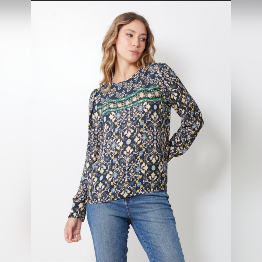 Premise Medium chiifon long puff-sleeve ruffle cuff navy floral boho blouse